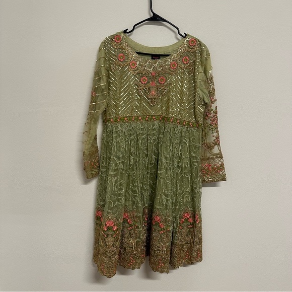 Sage Green and Gold Three-Piece Salwar Kameez | Floral Embroidered  Size Large - Picture 4 of 11